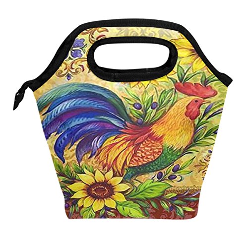 ALAZA Lunch Tote Bag Farm Rooster Chicken Sunflower Insulated Cooler Thermal Reusable Bag Rustic Country Rooster Summer Spring Lunch Box Portable Handbag for Men Women Kids Boys Girls