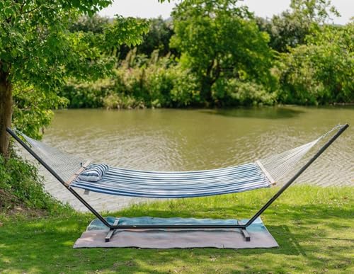 Image of Lazy Daze Hammocks 12FT Quilted Fabric Double Hammock with Spreader Bars and Detachable Pillow, 2 Person, 450lbs Capacity, Blue White