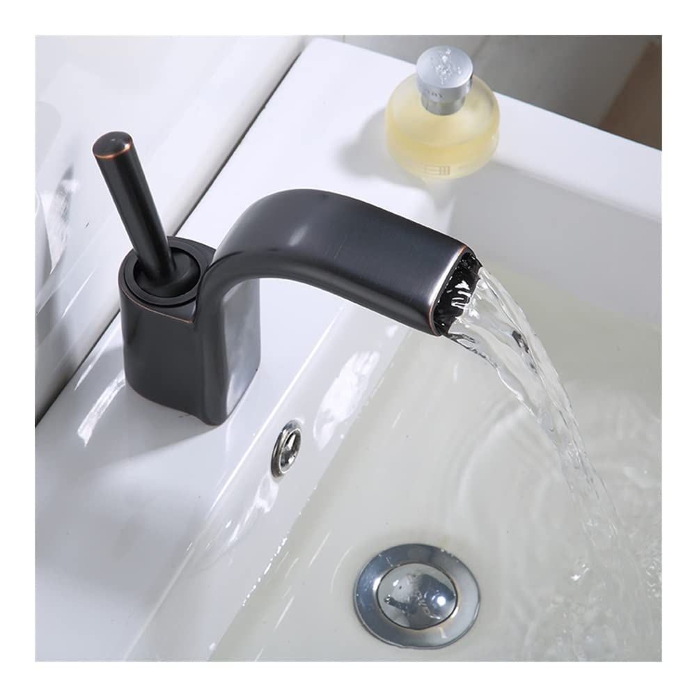Bathroom Sink Tap Bathroom Basin Waterfall Spout Cold Hot Faucet, Single Handle Deck Mount Solid Brass Taps, Single Hole Faucets Basin Taps (Color : White Chrome) (Black