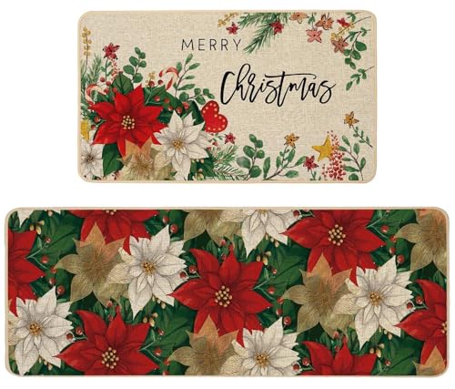 Baccessor Poinsettia Christmas Kitchen Rugs Set of 2, Holly Kitchen Mats for Floor Non Slip Winter Holiday Farmhouse Christmas Decoration 17x29 and 17x47 Inch