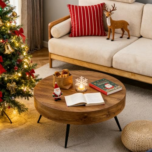 JUFU Couchtisch rund Holz, Wohnzimmertisch mit Metallbeine und Tischplatte aus MDF, Tisch für Wohnzimmer & Schlafzimmer Industriestil, Rustikal-Braun