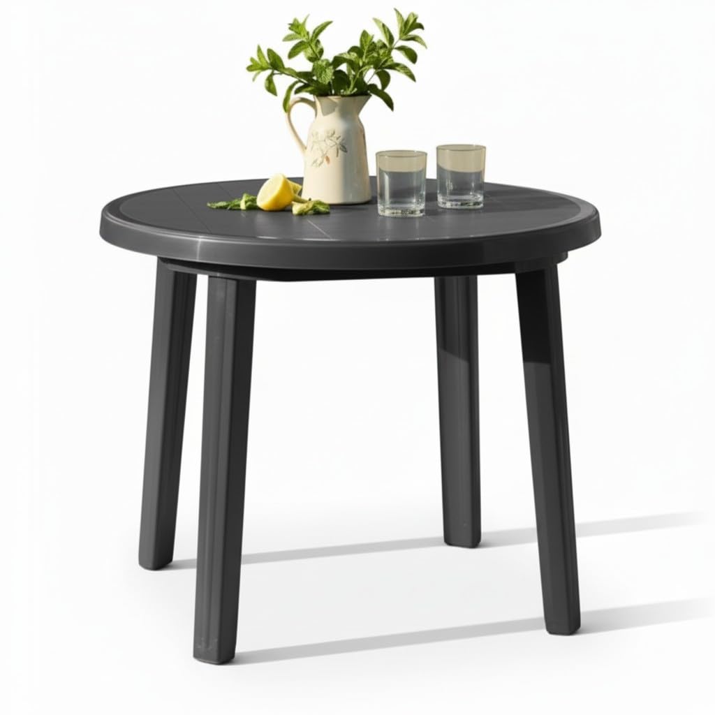 Mesa de Jardín Redonda de Resina Gris Antracita 90x72cm Auxiliar Exterior desmotable portátil, Camping, terraza, Acampada, Playa.