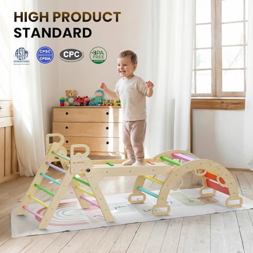 Image of BlueWood Pikler Triangle Set with Safe Handle, Foldable 7-in-1 Montessori Toddler Climbing Toys Indoor, Wooden Pickler Climbing Set, Baby Jungle Gym & Playground, Climbing Toys for 1-3 Year, Colorful