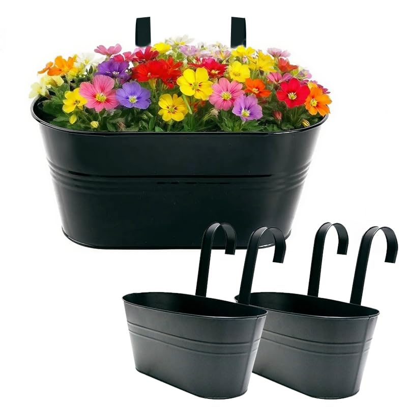 RunFar shop Hängetöpfe Eisen Blumentöpfe Pflanztopf hängende für Balkon & Garten Pflanzgefäße Vintage Übertopf mit Abnehmbarer Henkel 3 Set Schwarz
