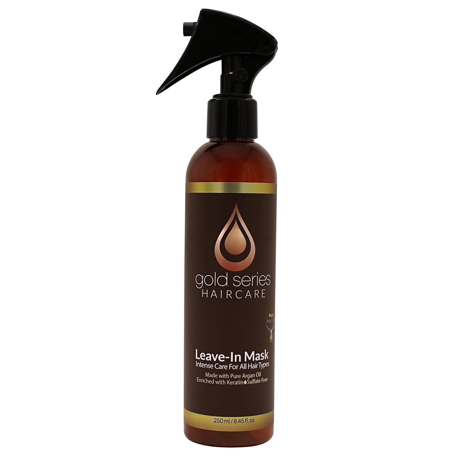 Gold Series Leave-In Hair Mask – Argan Oil Hair Mask Enriched with Keratin – Nourishing and Gently Detangling Leave In Conditioner Spray For Curly Frizzy or Damaged Hair, 8.4 Fl.oz