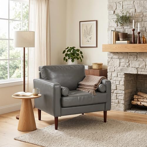 Image of Faux Leahter Accent Chairs Stet of 2, Comfy Upholstered Armchairs for Living Room, Modern Bedroom Reading Seat with 2 Bolster Pillows, Dark Gray