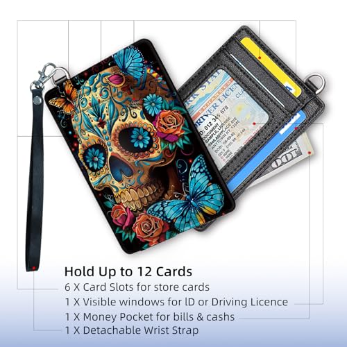 Leather Small Slim Wallet Card Case Hold 12 Cards with Wrist Strap & ID Window, Golden Skull Credit Card Holder Wallet Front Pocket, Minimalist Rfid Blocking Wallet for Man Women3