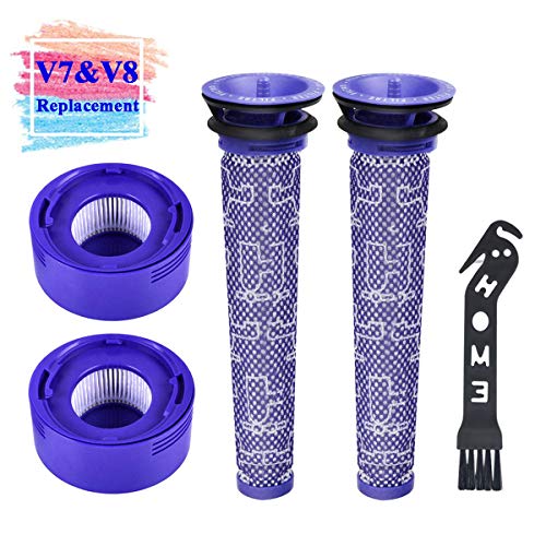 Filtre de Rechange pour Aspirateur Dyson V7 V8 Séries, 2 pièces Lavables Pré-Moteur Filtre, 2 pièces Lavables HEPA Post-Moteur Filtre et 1pièce Outil de Nettoyage