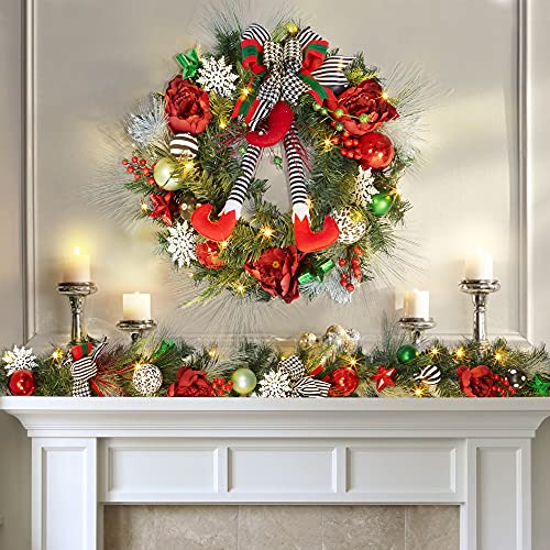 24" Prelit Christmas Wreath with Lights, Battery Operated Xmas Garland with Decorations, Wreath for Front Door Porch Wall Window Fireplace Outdoor Home Holiday Accent