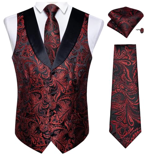 Mens Silk Gold Black Paisley Floral Vest Set Tie Cufflinks Handkerchief Suit Sleeveless Waistcoat Wedding - Main Image