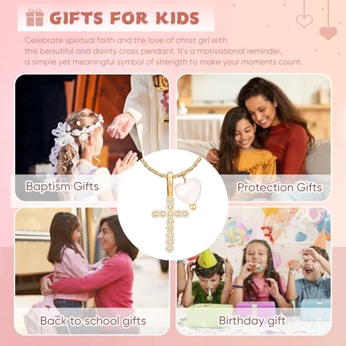 Delicate Cross Necklace for Girls : Gold Plated Pearl Heart Cubic Zirconia Cross Chain Necklace Christening Jewelry Baptism First Communion Confirmation Easter Gifts Teen Kids Little Girl2