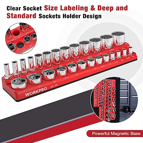 Image of WORKPRO Magnetic Socket Organizer Set, 3-Piece Sockets Holder Set Includes 1 /4 inch, 3 /8 inch and 1 /2 inch Drive SAE Socket Trays, Holds 68 Pieces Standard Size and Deep Size Sockets(Socket not Included)