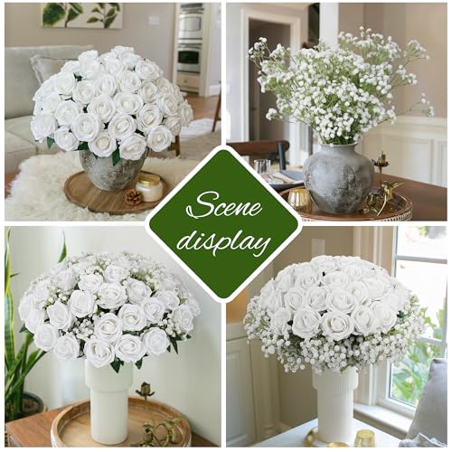 Image of HyeFlora 35 PCS Artificial White Roses with 15 PCS Fake Baby Breath Realistic Fake Flowers Bouquet with Stem for DIY Wedding Party Home Decoration Vase Tables Centerpieces Arrangements Gift for Her