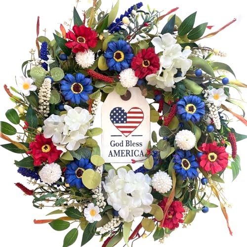 CIR OASES 20 inch Independence Day Greenery Wreath for Front Door, 4th of July Independence Day Red White Blue Flower Wreath for Wall Window Party Wedding Decor Spring Summer Decoration for Home