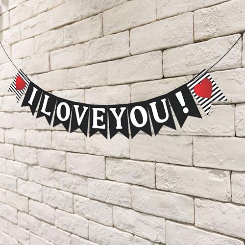 Image of Wobbox White & Black Line Pattern inchI Love You inch Bunting Banner for Anniversary, Pre-Wedding & Wedding, Love Banner for Decoration