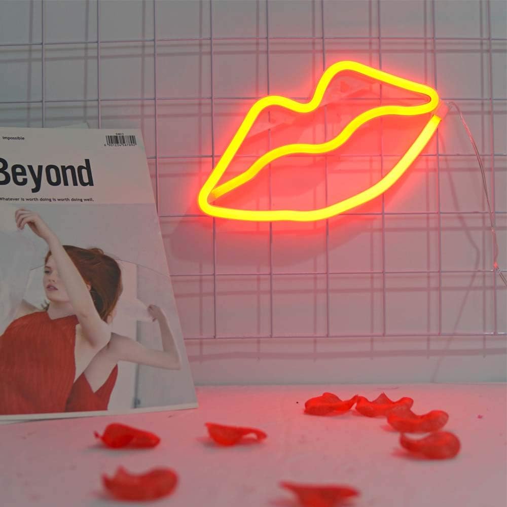 LED Night Light Neon Tube Wall Lamp USB Plug in Battery Power Sleep Nursery Light for Baby Girl Hot Red Lip Bar Atmosphere Light Dormitory Room Decoration Easter Gift
