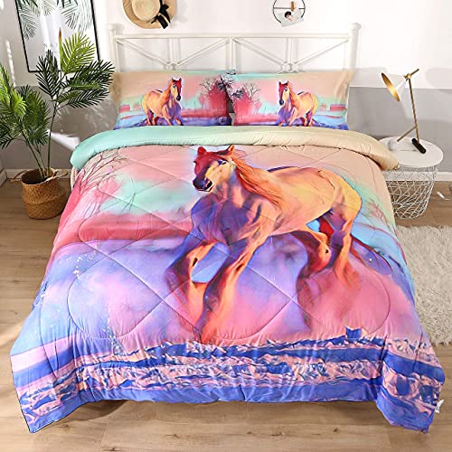 Horse Kids Bedding Set,3 Piece Pink Horse Full Comforter With Watercolor Snow Cute Style For Girls Kids Teens Soft Microfiber Quilt Bed Set With 2 Pillow Case #TOP15