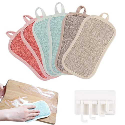 Topfreiniger Schwamm,SHMSHNG 6 Stück Küche Spülschwamm Waschbar Putzschwamm Zweiseitig Scheuerschwamm Wiederverwendbare Schwämme Mikrofaser mit 1 Stück Hafthaken zum Reinigen von Geschirr Brattöpfe Cover