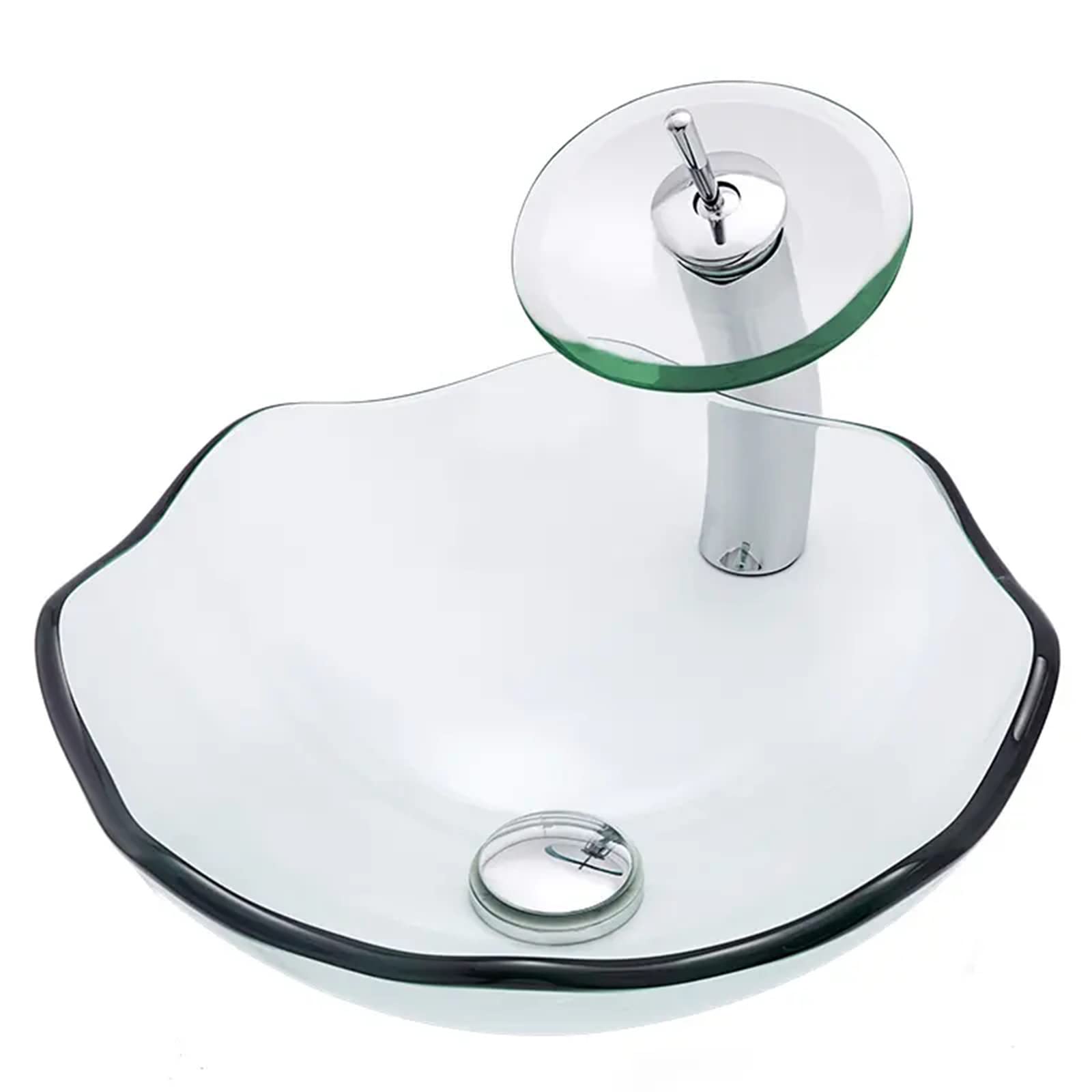 ASerZenith Bathroom Vessel Sink,Above Counter Bathroom Sinks,Contemporary Tempered Glass Vessel Sink Bowls With Waterfall Faucet And Pop-Up Drain Set