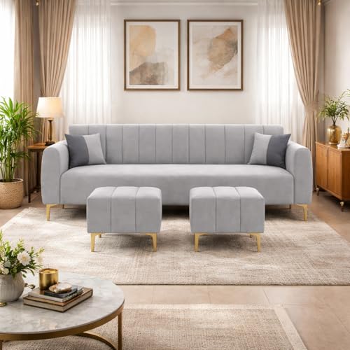 Image of Habibi 5 Seater L Shape Sofa Set with 2 Movable Ottomans | Flexible Layout | Rich Velvet Suede Fabric | Silver Legs | Modern Sofa for Living Room (Light Grey)