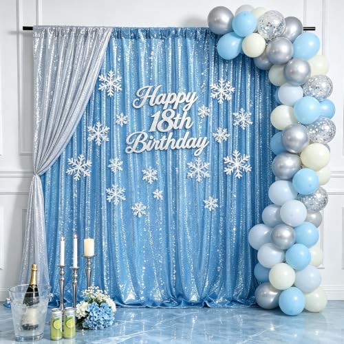 Image of Baby Blue Sequin Backdrop Curtain Drapes Background Party Decoration 8x10FT | Twilight Sparkle Glitter Fabric for Wall Photo Booth /Wedding /Baby Shower /Pincess Happy Birthday /Anniversary /Theme Party