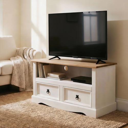 CARO-Möbel TV Lowboard Campo Fernsehtisch Mexiko Stil Kiefer massiv, 2 Schubladen, 1 offenes Fach braun/weiß