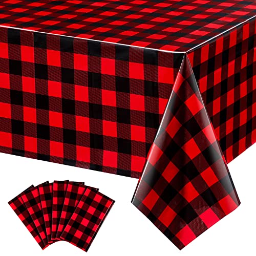 Breling Red and Black Lumberjack Checkered Tablecloth Plastic Gingham Table Cover Disposable Tablecloth for Camping, Holiday Decor, 108 x 54 Inch(6 Packs)