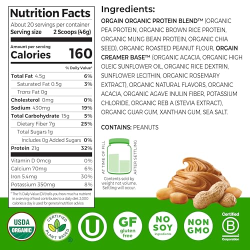 Image of Orgain Organic Vegan 21g Protein Powder, Peanut Butter, 2.03 lb | Plant based protein, 7g prebiotic fiber, low net carb, no added sugar or dairy ingredients, for shakes & smoothies