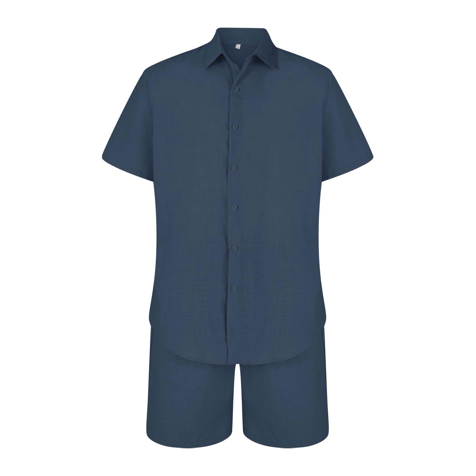 Conjunto de lino transpirable y camisa de solapa de color liso con pantalones cortos para hombre Chaleco para vuelo
