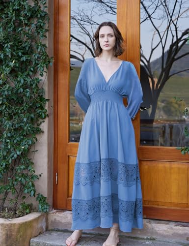 Image of Olaesa Long Sleeve Boho Maxi Dress for Women Lace Wedding Guest Dress | Spring Fall Bohemian Dress, Long Flowy Family Photo Dress with Pockets, V Neck Long Western Vacation Outfits