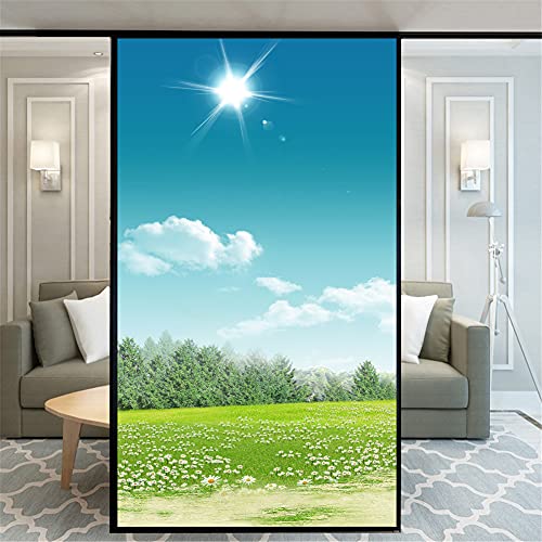 60cm幅x高90cm 目隠しフィルム 窓用フィルム めかくしシート 窓ガラスフィルム 草原風景 遮光断熱シート おしゃれ 装飾フィルム 静電吸着 水で貼る 貼り直し可能 カスタマイズ可能