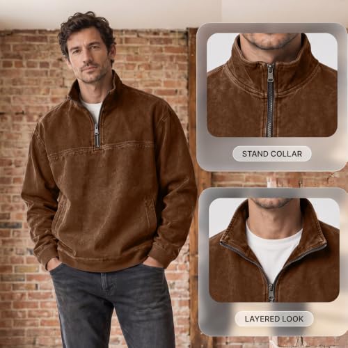 Men's Denim Shirt Washed Retro Quarter Zip Pullover Top with Pockets - image 8