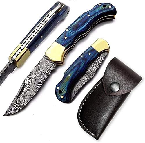 Damascus 6.5'' Beautiful Custom Handmade Steel Brass Bolster Back Lock Folding Pocket Knife & Stainless Steel Camel Bone Wood Handle Pocket Knife - Hunting, Fishing, Outdoors, Tactical (BlUE)