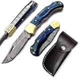 Damascus 6.5'' Beautiful Custom Handmade Steel Brass Bolster Back Lock Folding Pocket Knife & Stainless Steel Camel Bone Wood Handle Pocket Knife - Hunting, Fishing, Outdoors, Tactical (BlUE)
