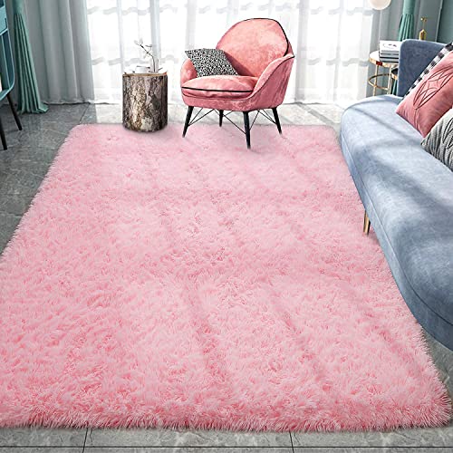 Image of A R Creations Anti Slip Fluffy Fur Plain Area Rug Made with Polyester and Microfiber for Home Office Kitchen Living Room Bedroom and DiningHall (5x7 Feet, Pink