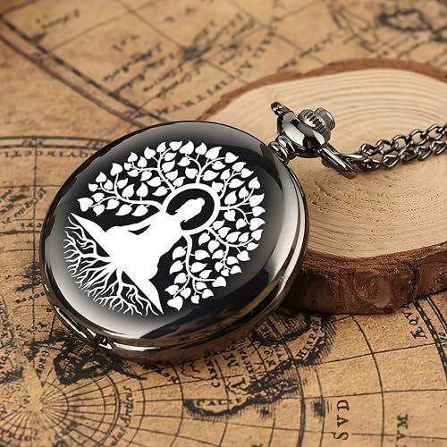 Image of Vintage Gandhi Style Pocket Watch with Engraved Designs & Messages Royal Black Analog for Men Women & Kids Includes Key Ring for car or Bike Keys Ideal Gift