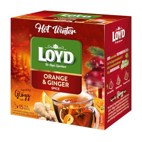 LOYD - Heißer Winter Tee Orange, Ingwer - 15 Pyramidenbeutel - Hibiskusblütentee mit Rotweingeschmack und Aromatischen Gewürzen - Inspiriert vom Traditionellen Schwedischen Getränk Glögg - 45g