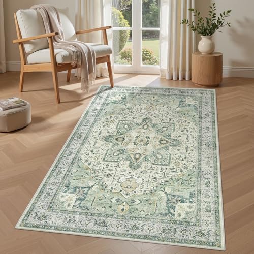 Tortania Area Rug Living Room Rugs - 3x5 Washable Rug Vintage Oriental Distressed Farmhouse Small Thin Indoor Carpet for Living Room Bedroom Under Dining Table Home Office - Green