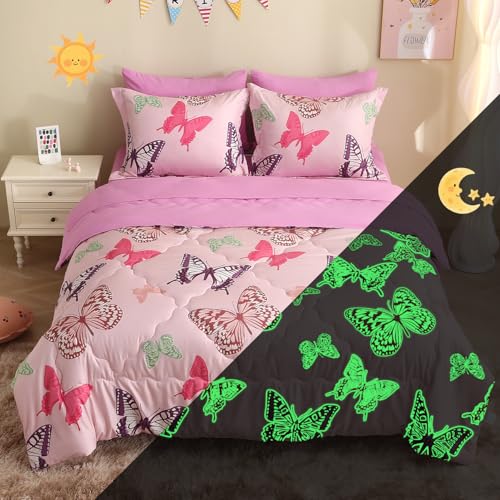 Image of Pink Girls Butterfly Bedding Set Full Size 7 Piece Glow in The Dark Butterfly Comforter with Sheets & Pillowcases Soft Microfiber Bed in A Bag for Kids Teens All Season