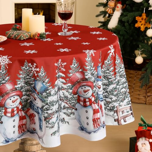 Softalker Toalha de mesa redonda 160 cm Natal vermelho toalhas de mesa de Natal antimanchas, com flocos de neve, boneco de neve branco e árvore de Natal ideal para aniversários, exterior, jardim