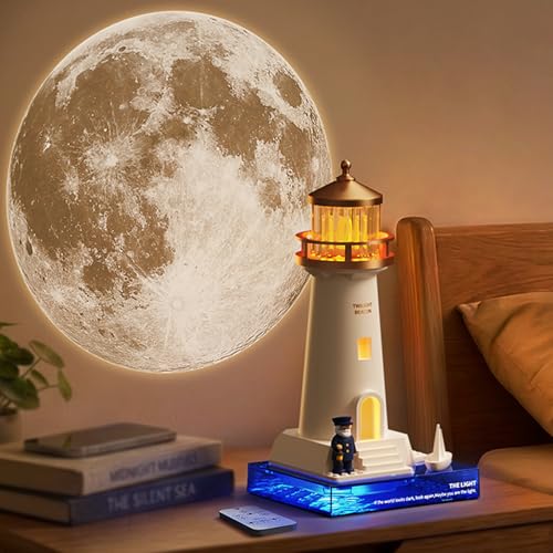Projection Veilleuse Lampe Phare avec Télécommande, 5 Types de Projection Sunset Lune Aurore Boreale Saturne Voie Lactée, LED Lampe D'ambiance Originale...