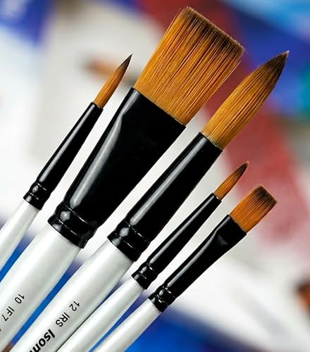 Image of Isomars Professional Round & Flat Paint Brush Set of 14 with Adjustable Brush Holder - Golden Taklon Brushes for Watercolor, Acrylic & Oil Painting | Artist Brushes for Students, Designers & Hobbyists