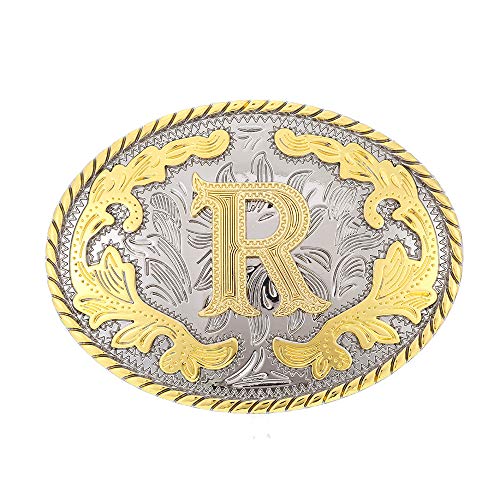 HUABOLA CALYN Western Belt Buckle Initial Letters ABCDEFG to Y-Cowboy Rodeo Gold Large Belt Buckle for Men and Women (R)