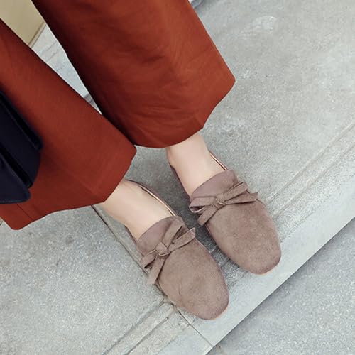 Alyaafifa Bow Pumps for Women Stacked Block Mid Heel Closed Square Toe Slip On Office Lady Working Dressy Shoes Comfortable Suede Leather Heeled Loafers Casual Daily Wear2