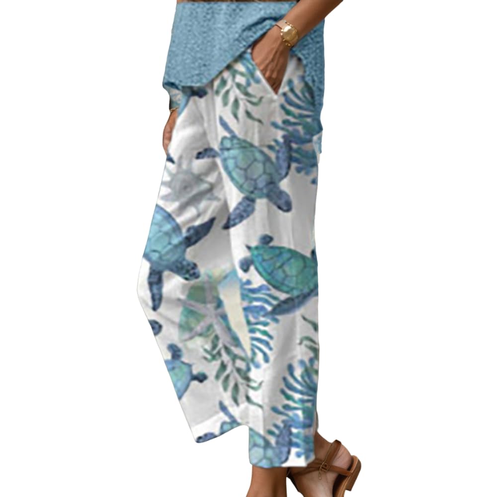 TIAFORD Womens Summer Boho Floral Print Drawstring Crop Pants Elastic Waist Casual Loose Beach Capris Trousers with Pockets
