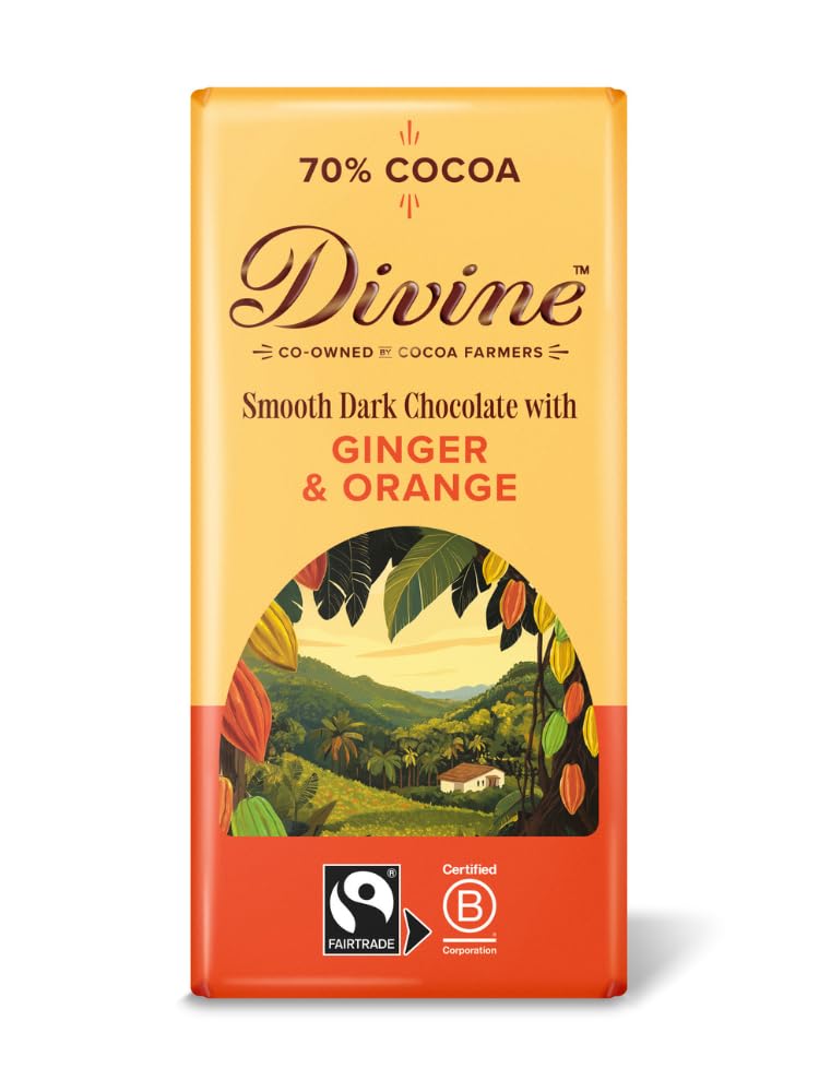 Divine 70% Cocoa Dark Chocolate with Ginger & Orange 90g Bar – Fairtrade Dark Chocolate – Warming Ginger & Zesty Orange Pieces – Ethical Premium Chocolate