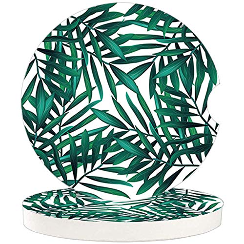 Green Palm Leaves Car Coasters for Drinks Set of 2 Pack,Tropical Plants Green Pattern Durable Absorbent Ceramics Car Accessories Easy Removal of Auto Cup Holders