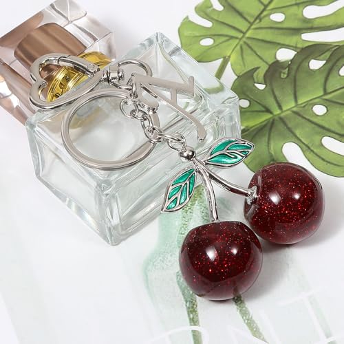 Heart-Shaped Keychain with Initial A-Z and Cherry Charm Bag Charms for Women,Car Accessories