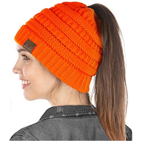 Funky Junque Exclusives BeanieTail Womens Beanie Ponytail Hat Messy Bun Skull Cap - orange - One Size Cover