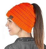 Funky Junque Exclusives BeanieTail Messy Bun Ponytail Beanie Hat - Neon Orange